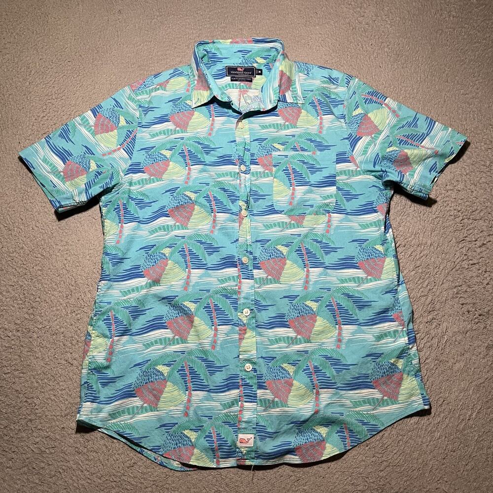 Vineyard Vines Shirt Mens Medium Blue Slim Fit Murray Hawaiian Floral Aloha